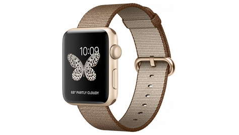 Умные часы Apple Watch Series 2, 42 мм корпус из золотистого алюминия, спортивный ремешок цвета «кофейный/карамельный»